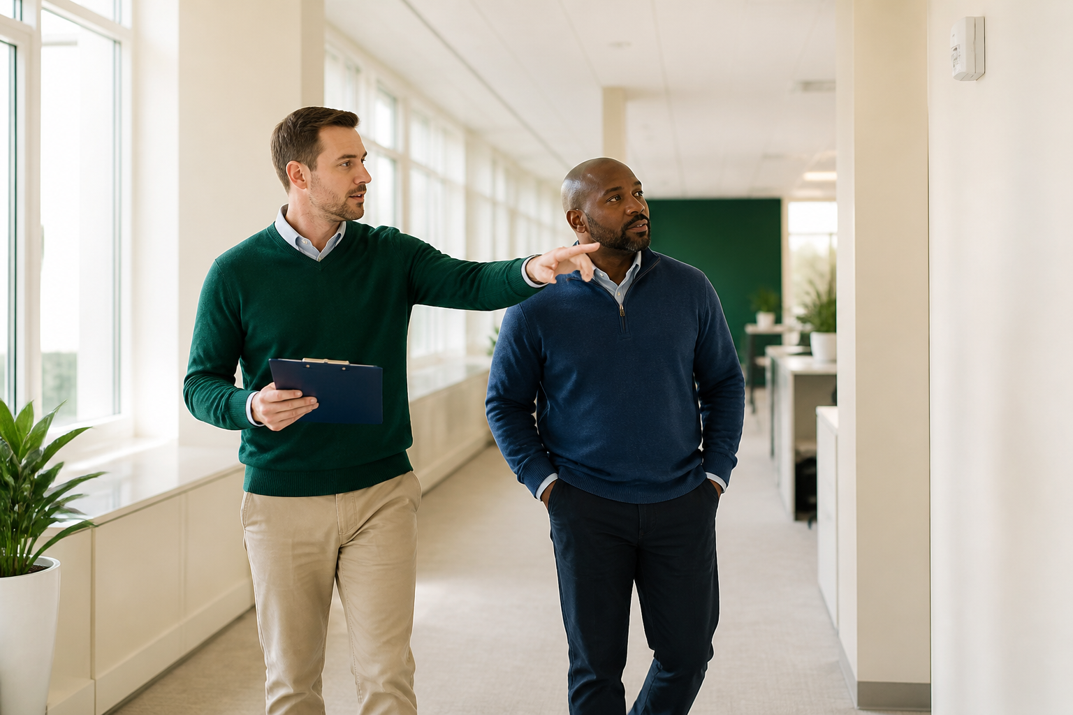 A consultant walking through a workplace with a manager during a free AED readiness assessment