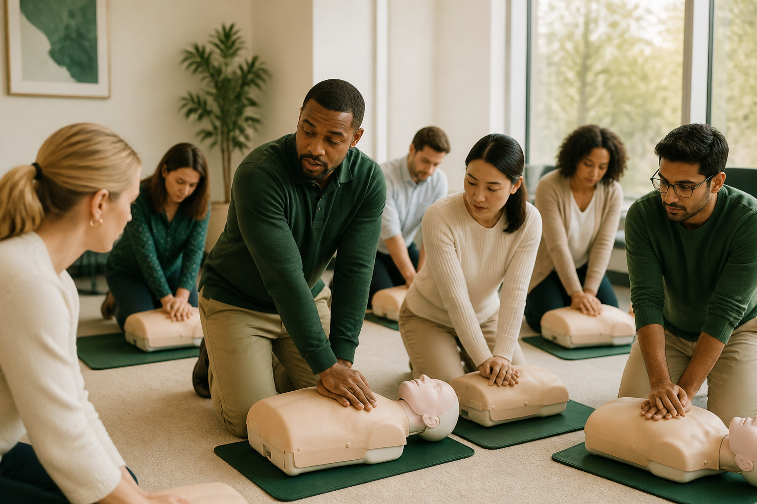 Employees in hands-on CPR and AED training making the training service tangible